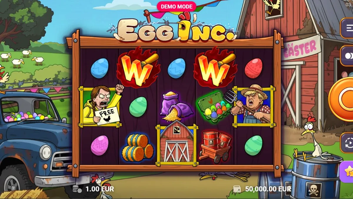 Egg Inc. slot game screen na may cartoon farm theme