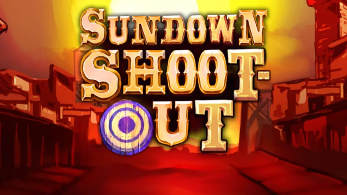 Sundown Shootout slot game screen na may Wild West theme at revolver symbols