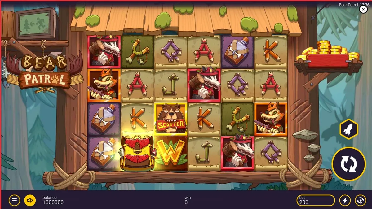 Bear Patrol slot game screen na nagpapakita ng mga animal rangers at golden backpacks